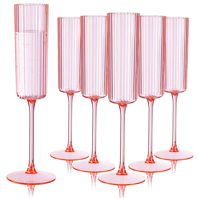 Ciaell 24 Pack Pink Plastic Champagne Flutes 6oz Ribbed Disposable Champagne Glasses Pink Vintage Mimosa Glasses with Long Stem Elegant Lightweight for Weddings and Party